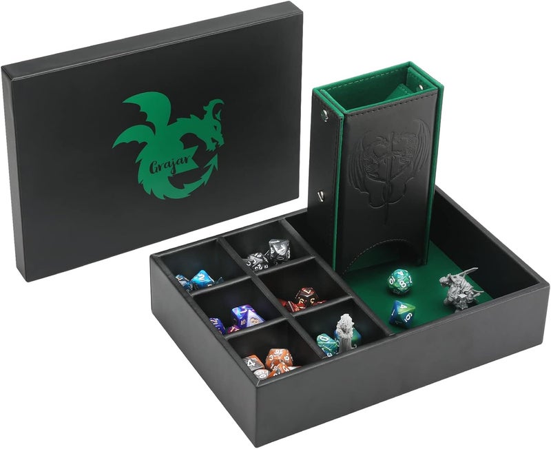 Grajar 3 in 1 Dice Tray with Lid, Portable Dice Box Storage, D&D RPG MTG Table Games (Green) - Image 1